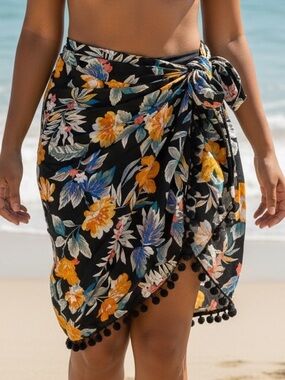 Versatile Floral Black Scarf Wrap - Swimsuit Cover Women's Accessory